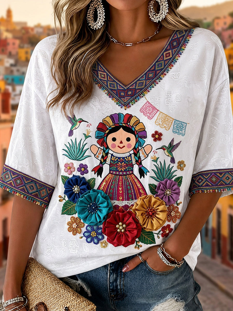 Camiseta informal de manga corta con estampado mexicano de Guelaguetza para mujer