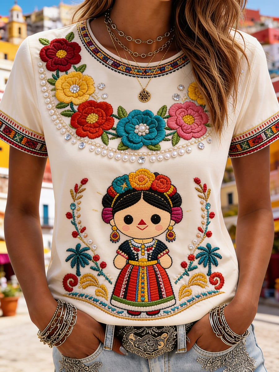 Camiseta informal de manga corta con estampado mexicano de Guelaguetza para mujer