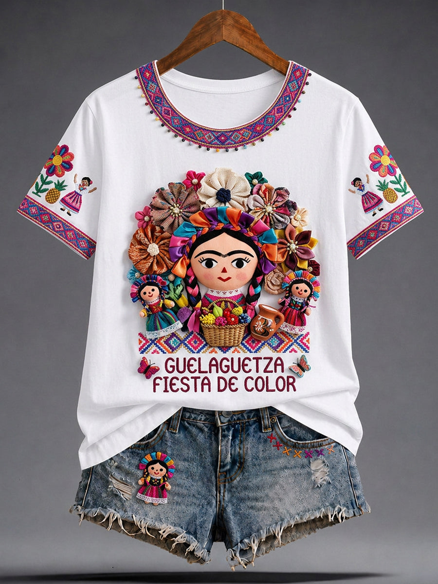 Camiseta informal de manga corta con estampado mexicano de Guelaguetza para mujer