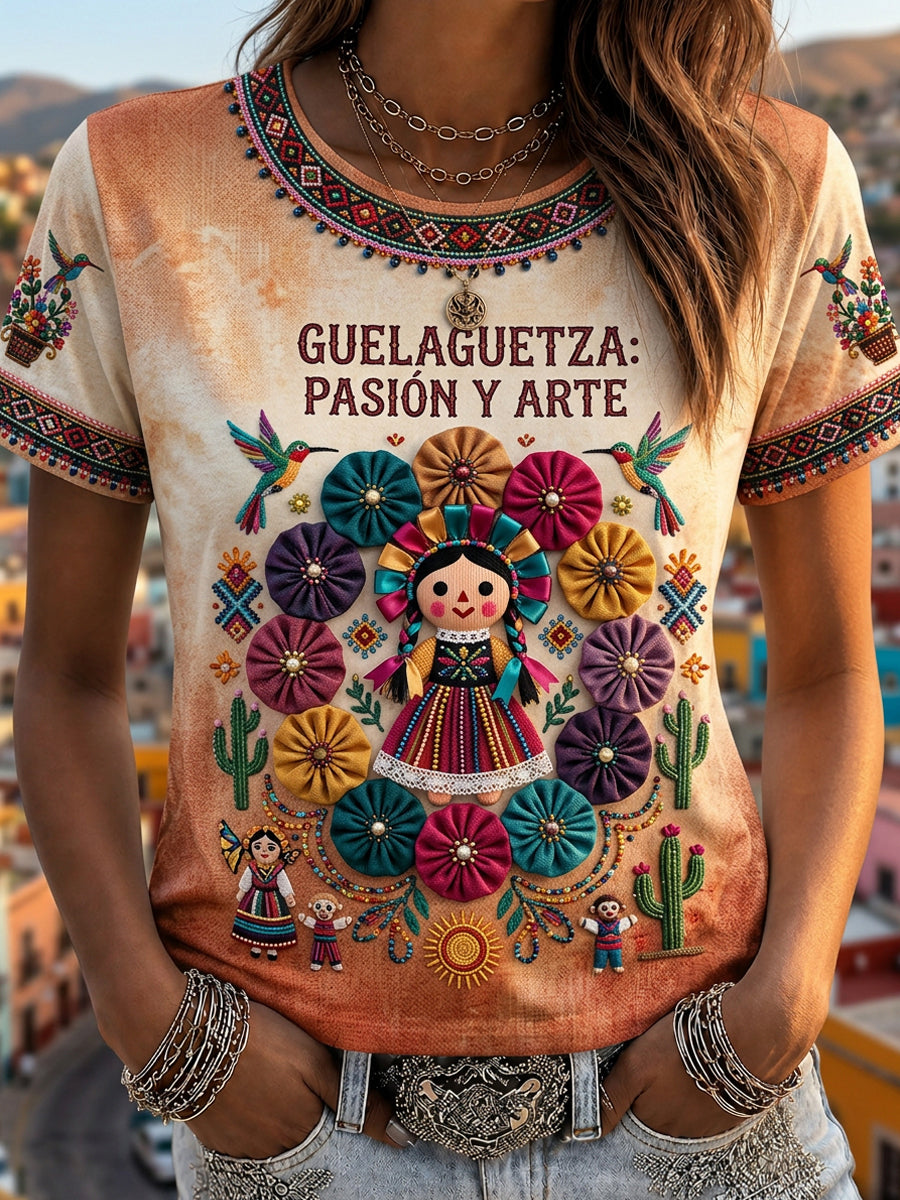 Camiseta informal de manga corta con estampado mexicano de Guelaguetza para mujer