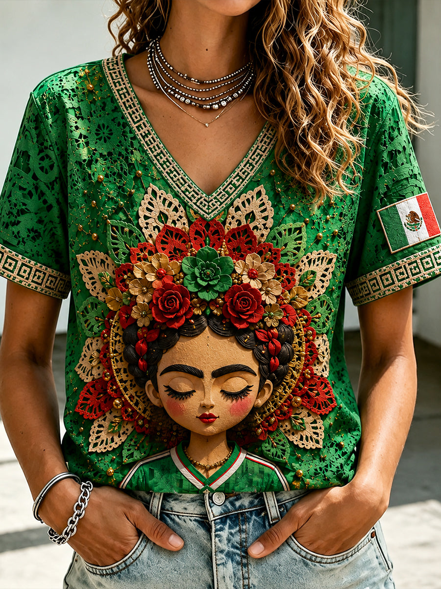 Camiseta con estampado artístico de muñeca Lele, amante del fútbol mexicano, para mujer