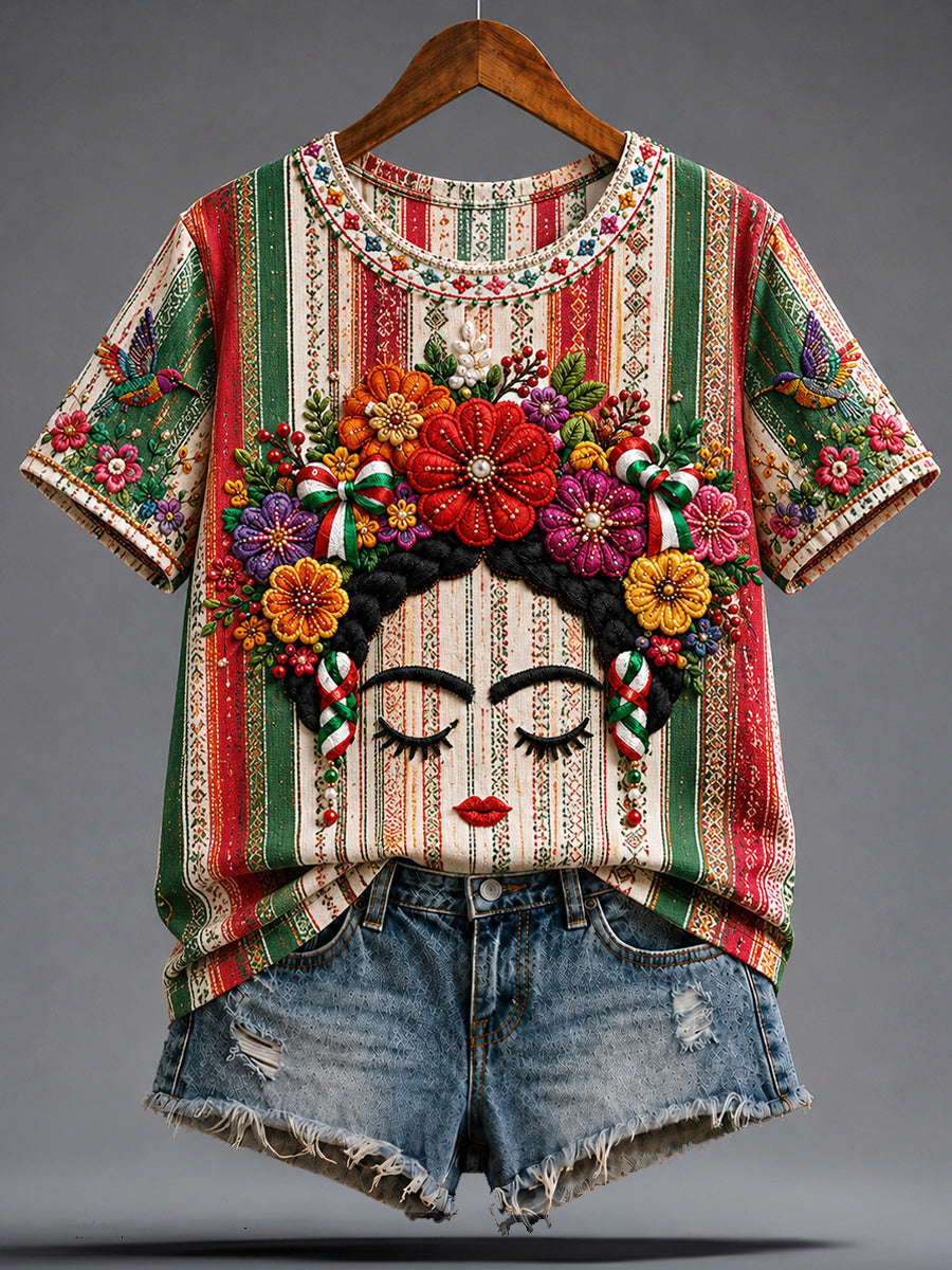 Camiseta estampada con arte de la muñeca Lele mexicana Guelaguetza para mujer