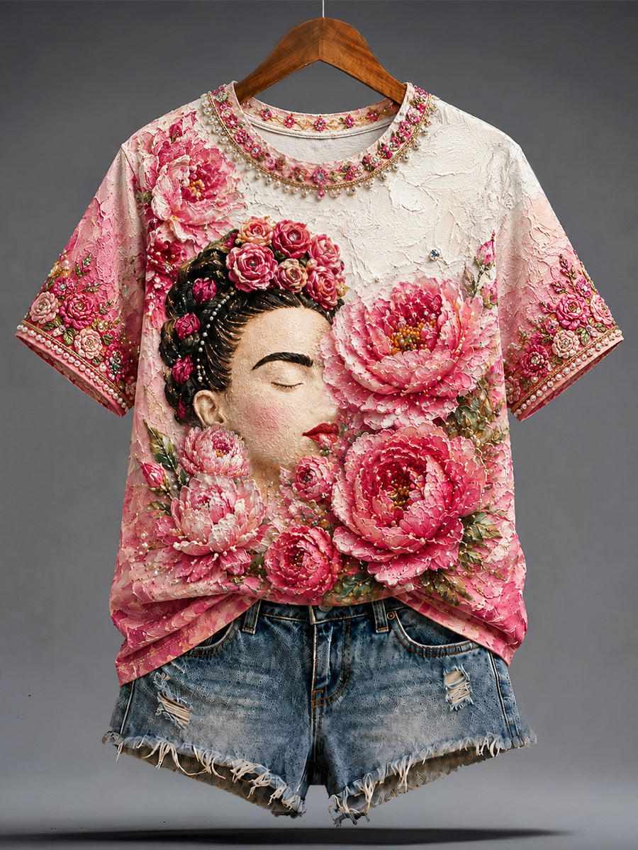 Camiseta estampada con arte de la muñeca Lele mexicana Guelaguetza para mujer