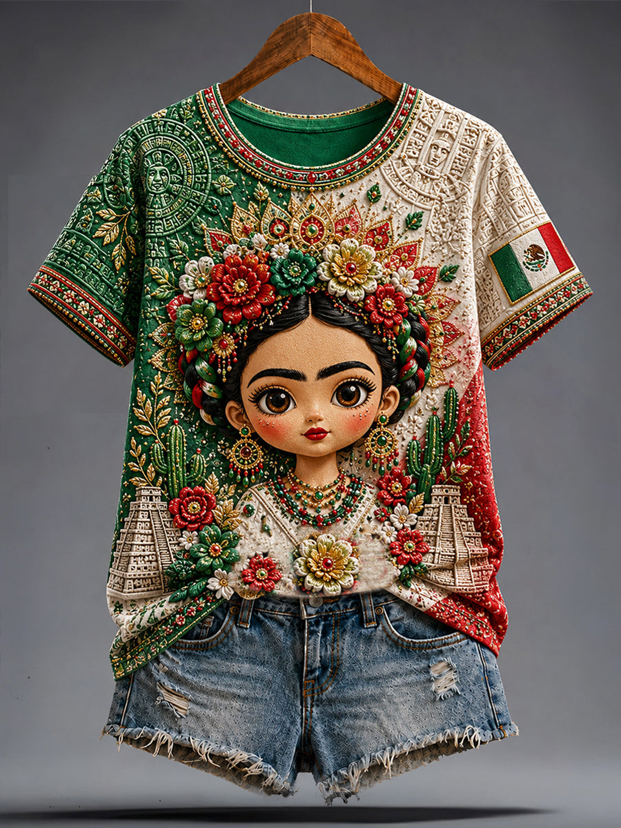Camiseta con estampado artístico de muñeca Lele, amante del fútbol mexicano, para mujer