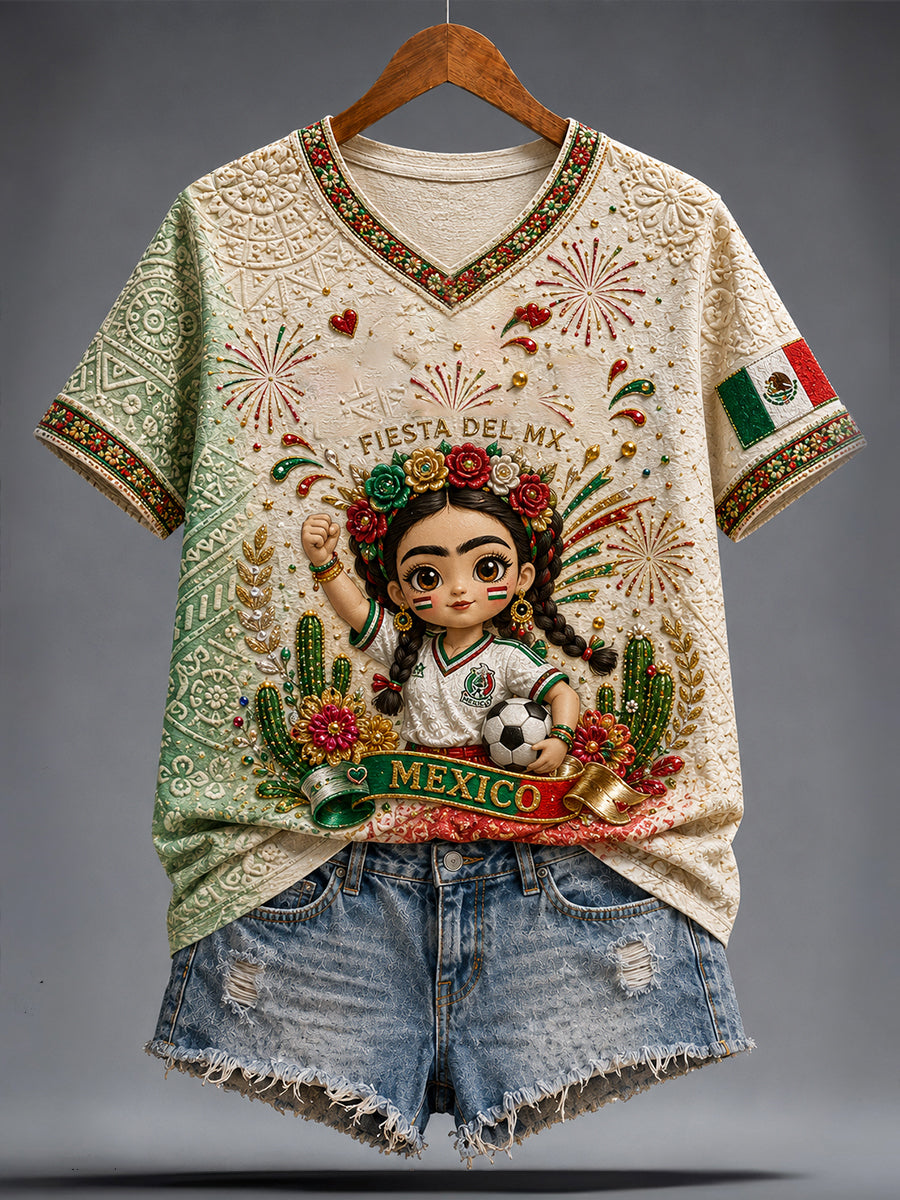 Camiseta con estampado artístico de muñeca Lele, amante del fútbol mexicano, para mujer