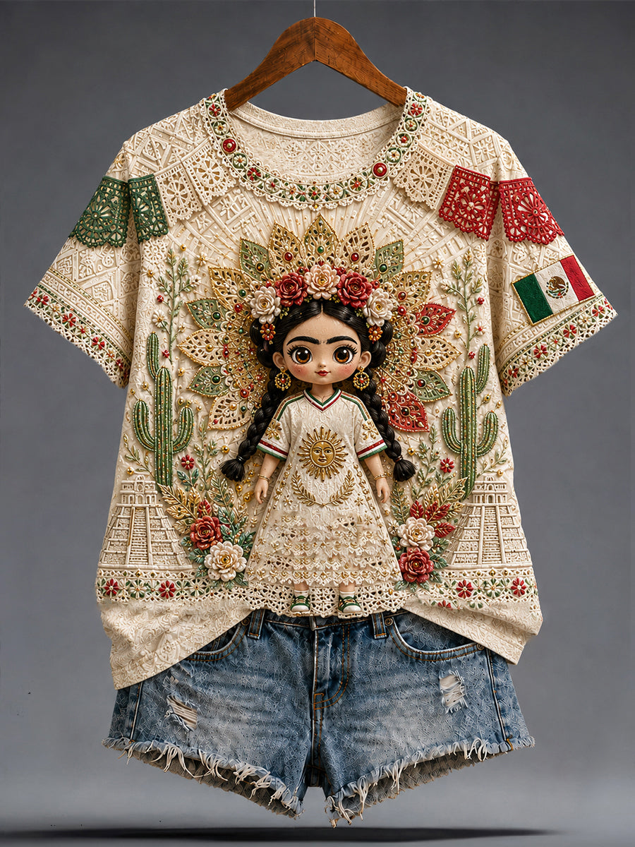 Camiseta con estampado artístico de muñeca Lele, amante del fútbol mexicano, para mujer