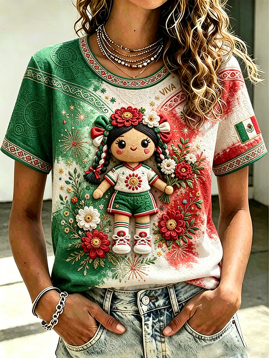 Camiseta con estampado artístico de muñeca Lele, amante del fútbol mexicano, para mujer