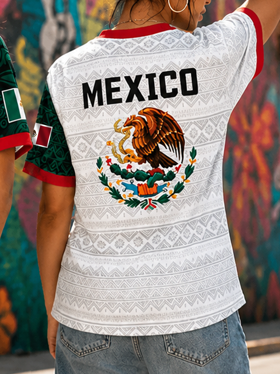 Camiseta de manga corta con estampado artístico para amantes del fútbol mexicano, diseño para mujer