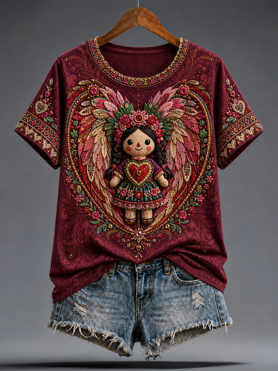 Camiseta estampada con arte de la muñeca Lele mexicana Guelaguetza para mujer
