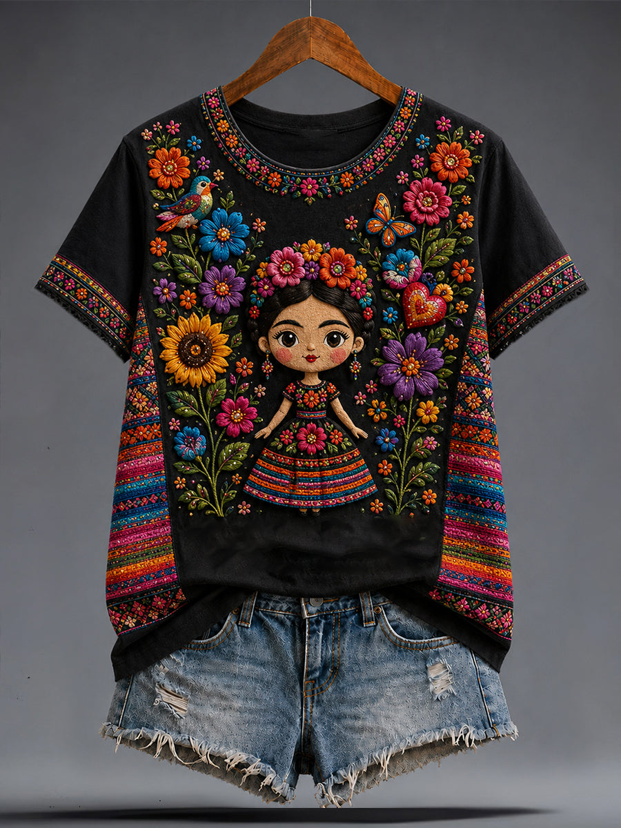Camiseta estampada con arte de la muñeca Lele mexicana Guelaguetza para mujer