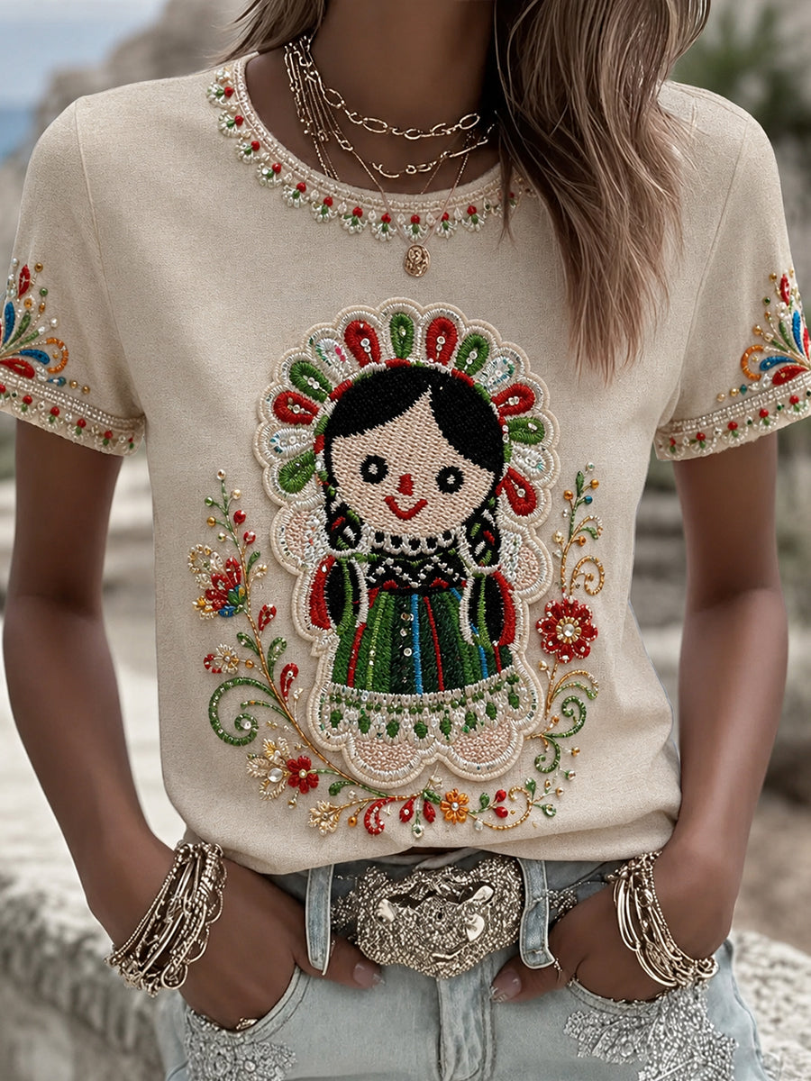 Camiseta estampada con arte de la muñeca Lele mexicana Guelaguetza para mujer