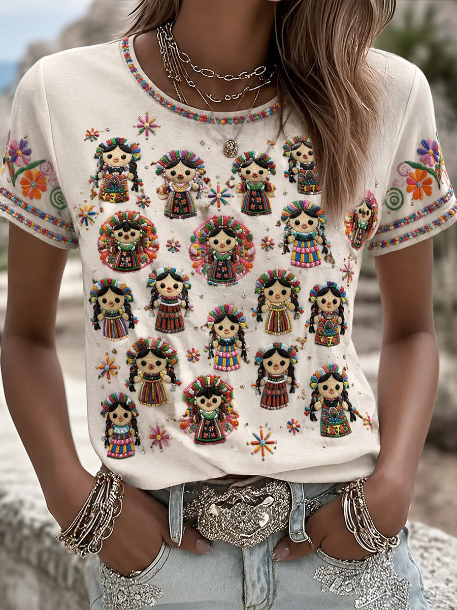 Camiseta estampada con arte de la muñeca Lele mexicana Guelaguetza para mujer