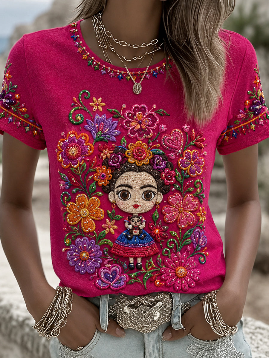 Camiseta estampada con arte de la muñeca Lele mexicana Guelaguetza para mujer