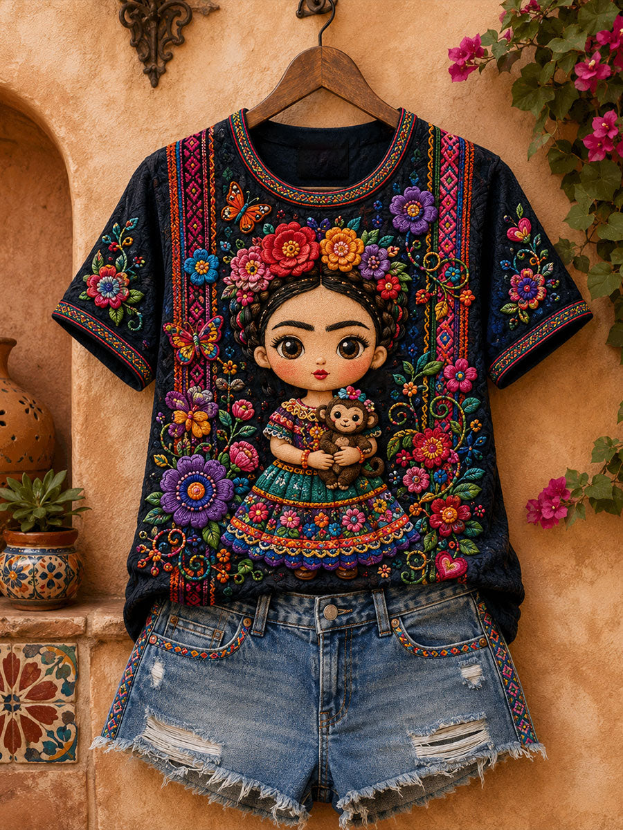 Camiseta estampada con arte de la muñeca Lele mexicana Guelaguetza para mujer