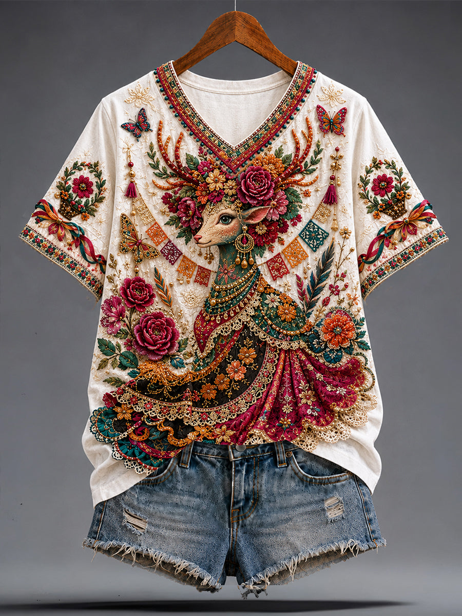 Camiseta estampada con arte de la muñeca Lele mexicana Guelaguetza para mujer