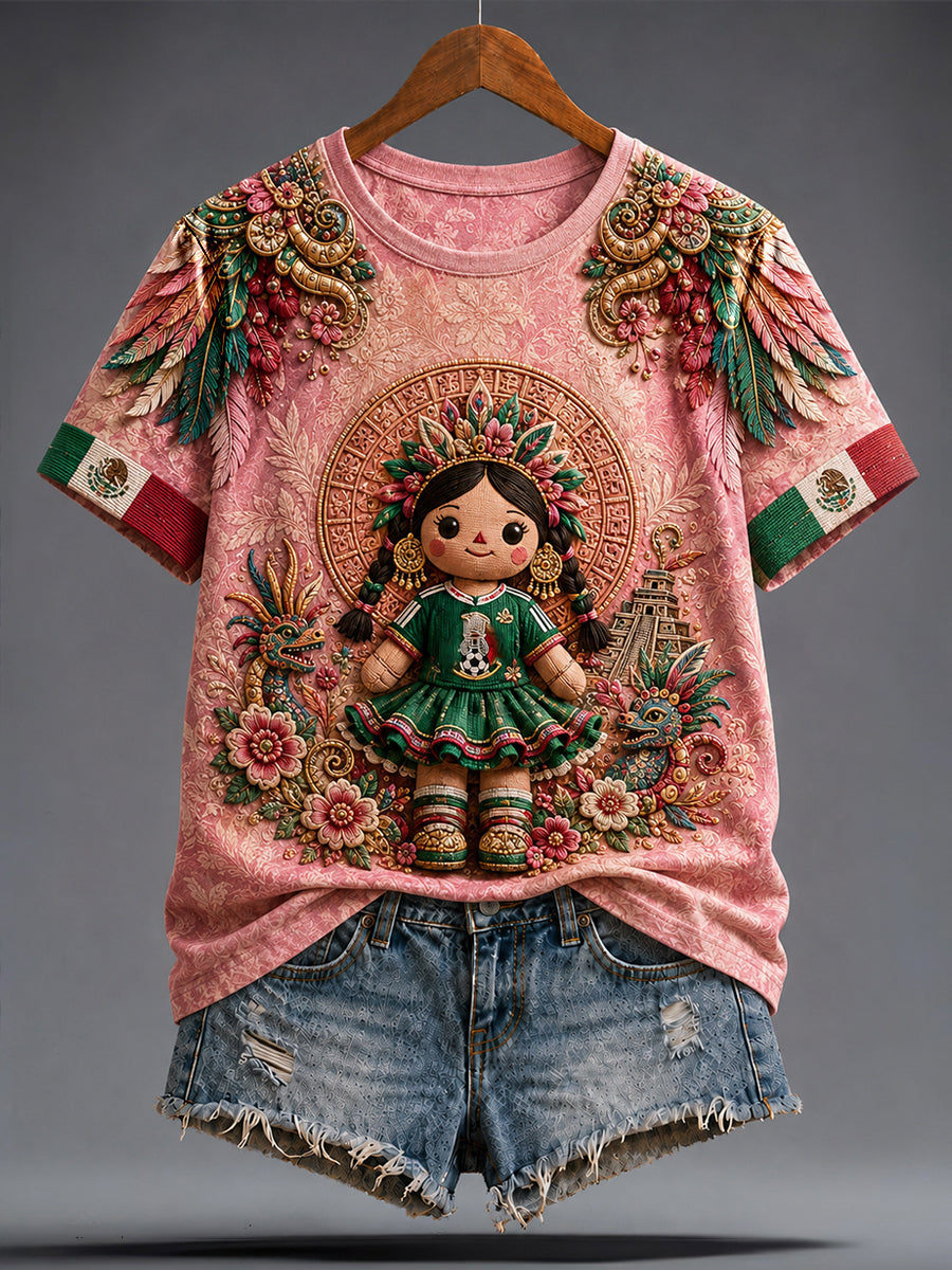 Camiseta con estampado artístico de muñeca Lele, amante del fútbol mexicano, para mujer