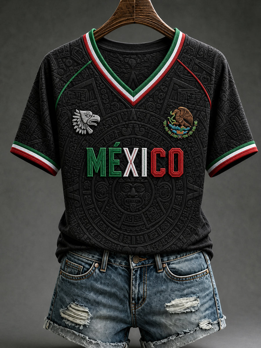 Camiseta de manga corta con cuello en V y hombros descubiertos para amantes del fútbol mexicano, diseño femenino