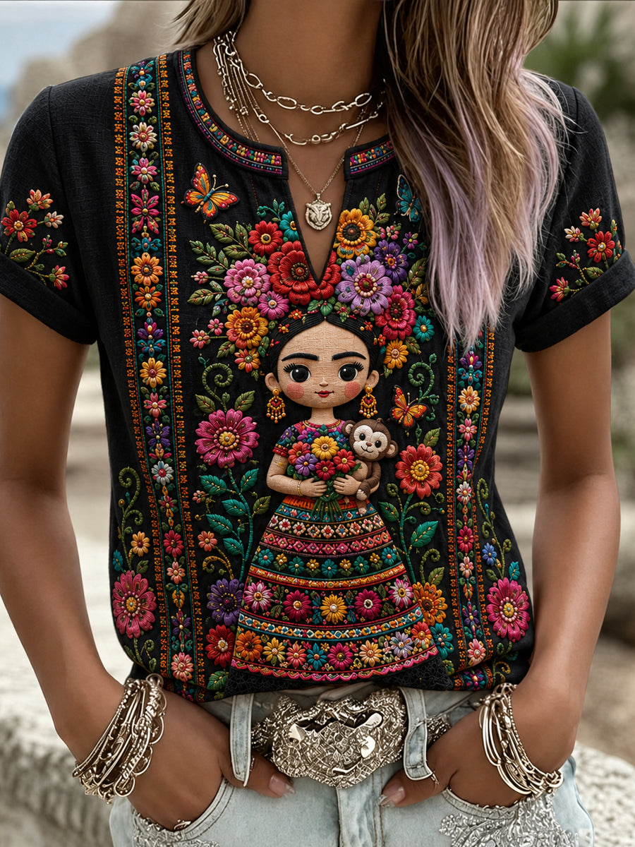 Camiseta de lino estampada con arte de muñeca Lele mexicana para mujer, Guelaguetza