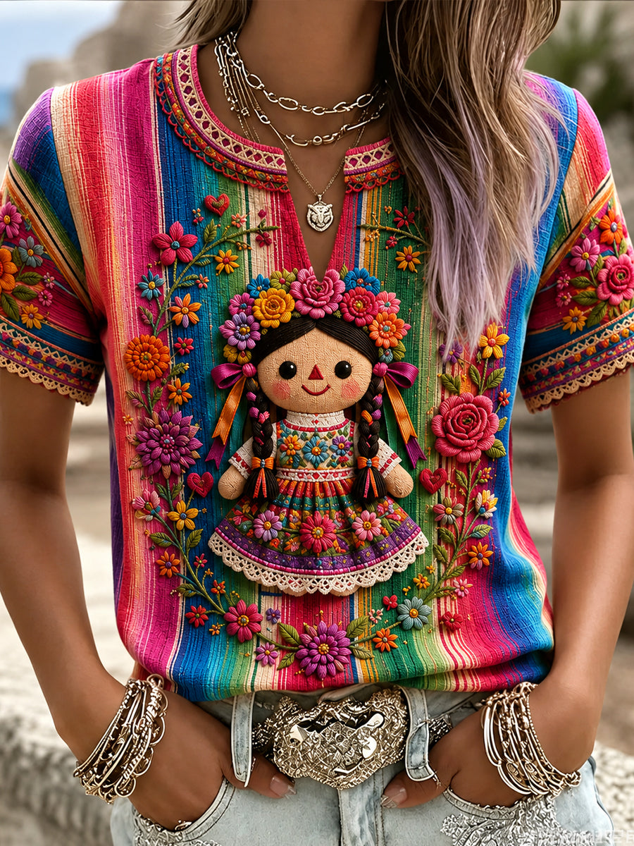 Camiseta de lino estampada con arte de muñeca Lele mexicana para mujer, Guelaguetza