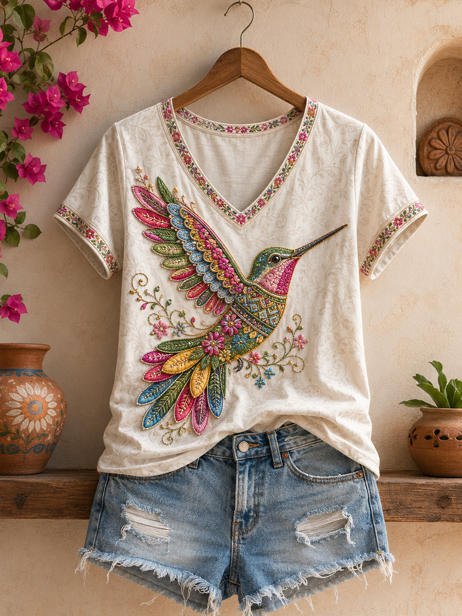 Camiseta de lino México Guelaguetza Hummingbird Art Printed para mujer