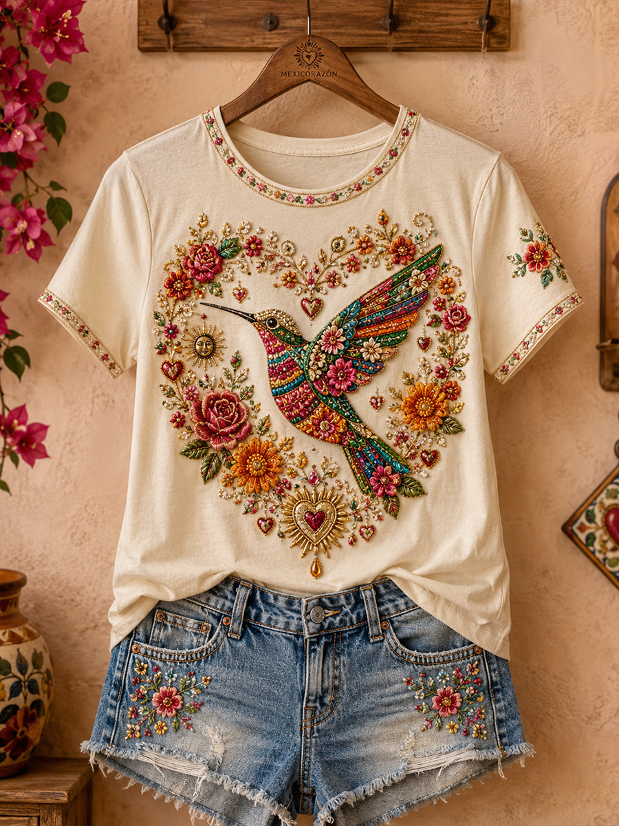 Camiseta de lino estampada con arte del colibrí mexicano para mujer, estilo Guelaguetza