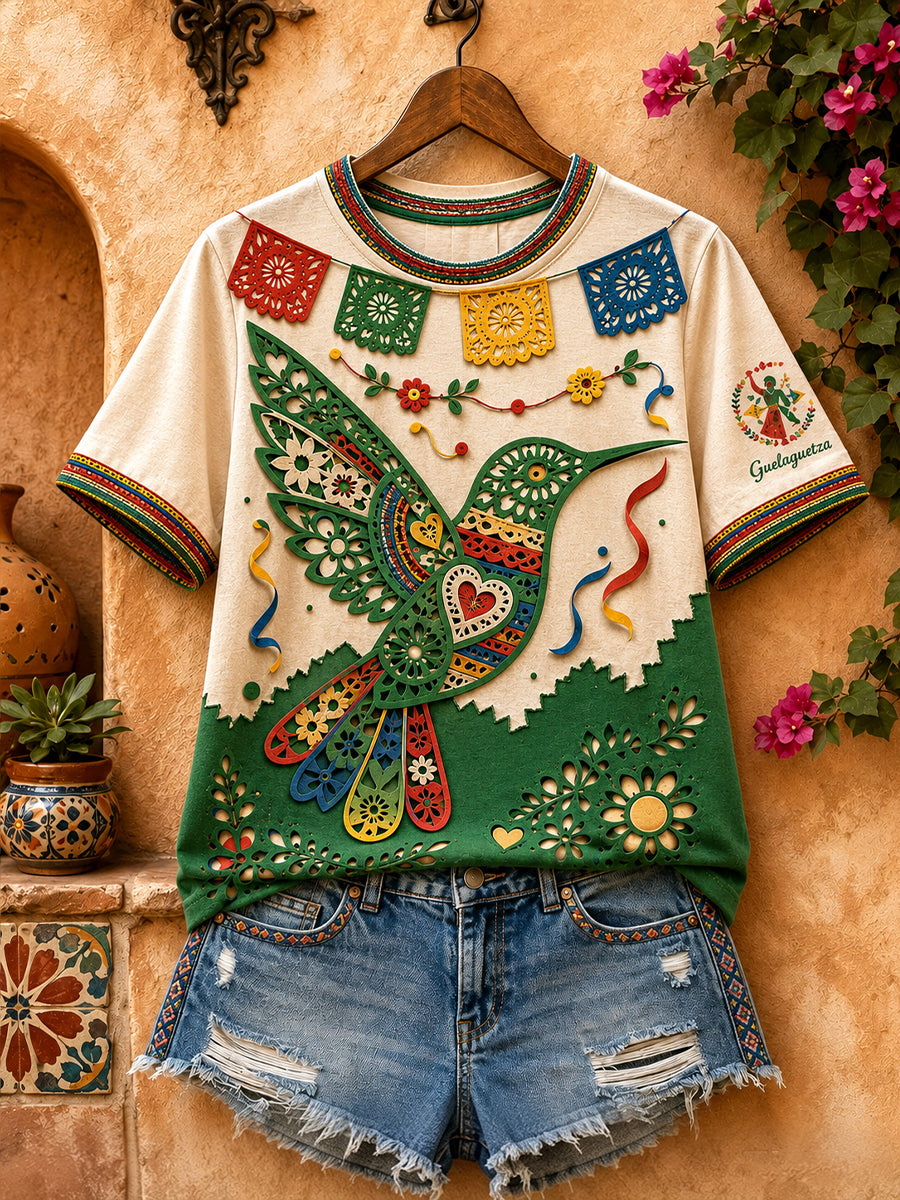Camiseta de lino estampada con arte del colibrí mexicano para mujer, estilo Guelaguetza