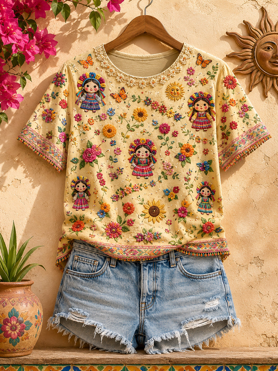 Camiseta de lino estampada con arte de muñeca Lele mexicana para mujer, Guelaguetza