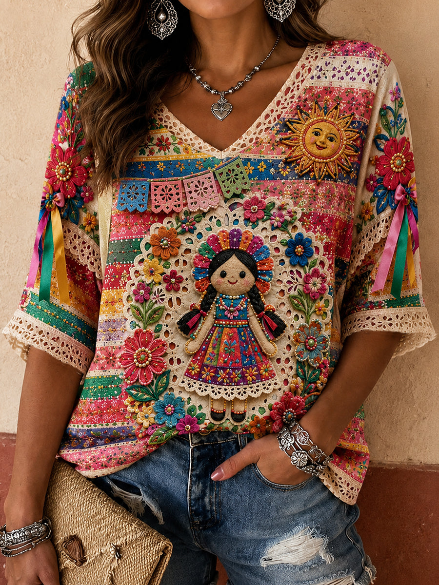 Camiseta de lino estampada con arte de muñeca Lele mexicana para mujer, Guelaguetza