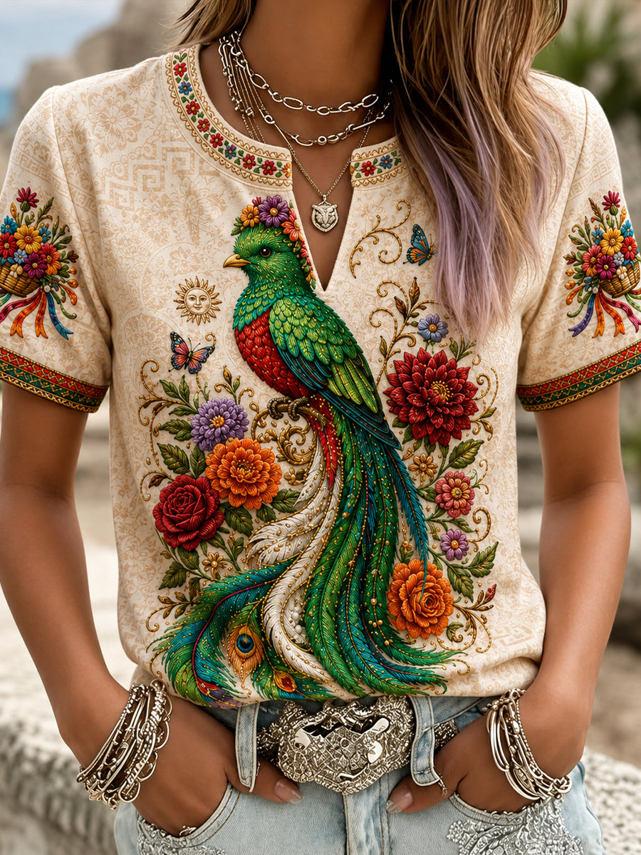 Camiseta de lino estampada con arte del quetzal resplandeciente y la Guelaguetza de México para mujer