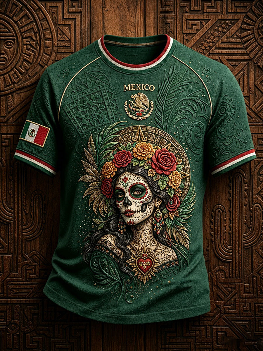 Camiseta con estampado de arte La Catrina Amante del fútbol de México para hombre