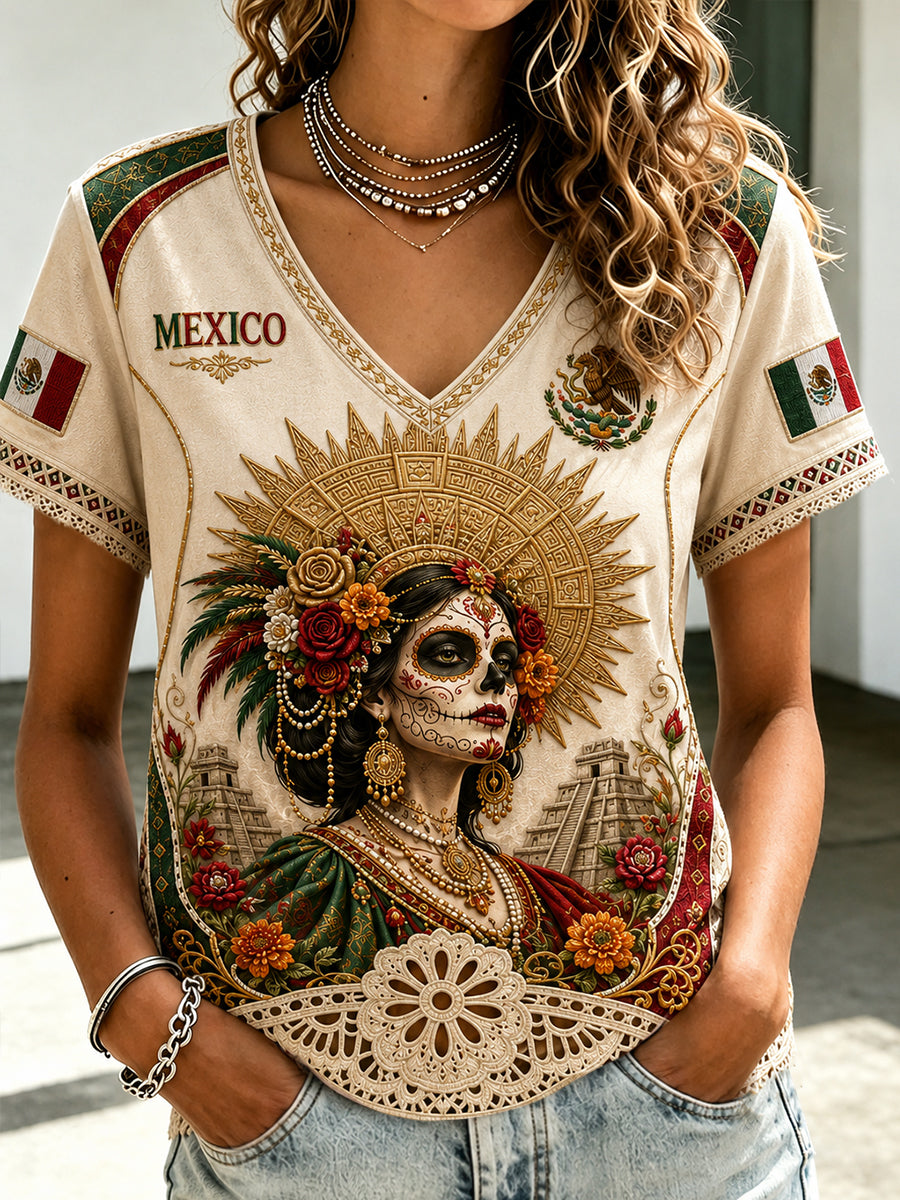 Camiseta estampada con arte de La Catrina Lele, amante del fútbol mexicano para mujer