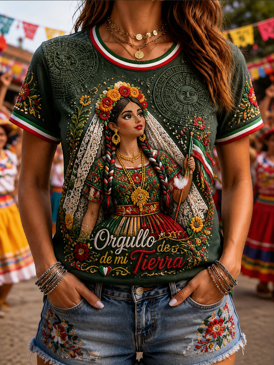 Camiseta casual de manga corta con estampado de festival de México Guelaguetza para mujer