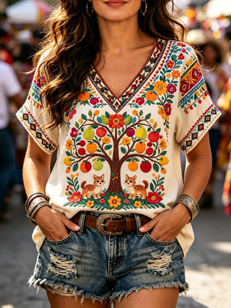 Camiseta informal con cuello en V y estampado del Festival Guelaguetza mexicano para mujer