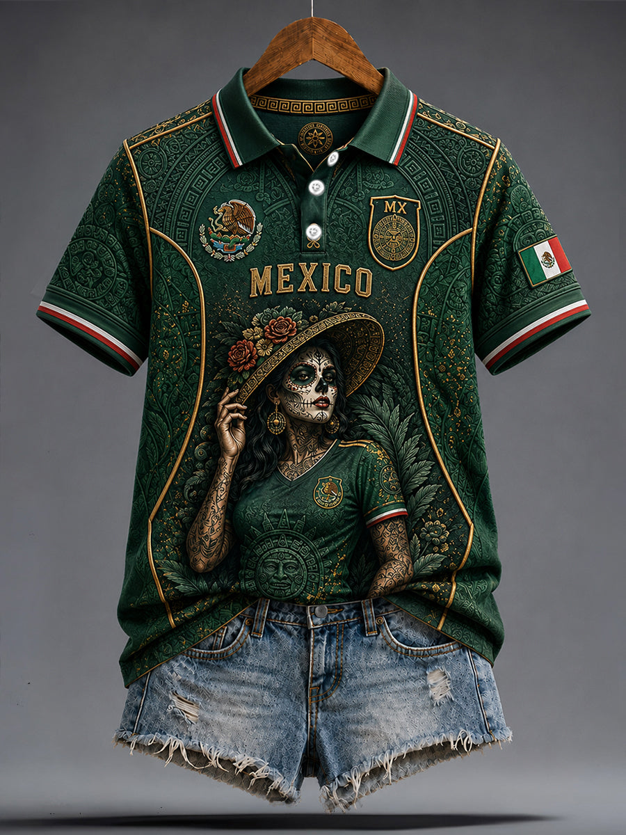 Camisetas casuales con estampado artístico de La Catrina, amantes del fútbol mexicano para mujer