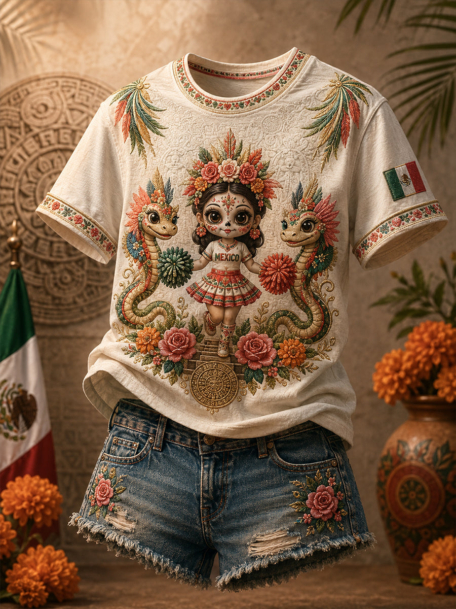 Camiseta estampada con arte de La Catrina Lele, amante del fútbol mexicano para mujer
