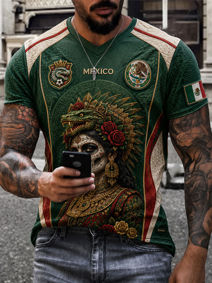 Camiseta estampada con diseño artístico de La Catrina para amantes del fútbol mexicano, modelo masculino