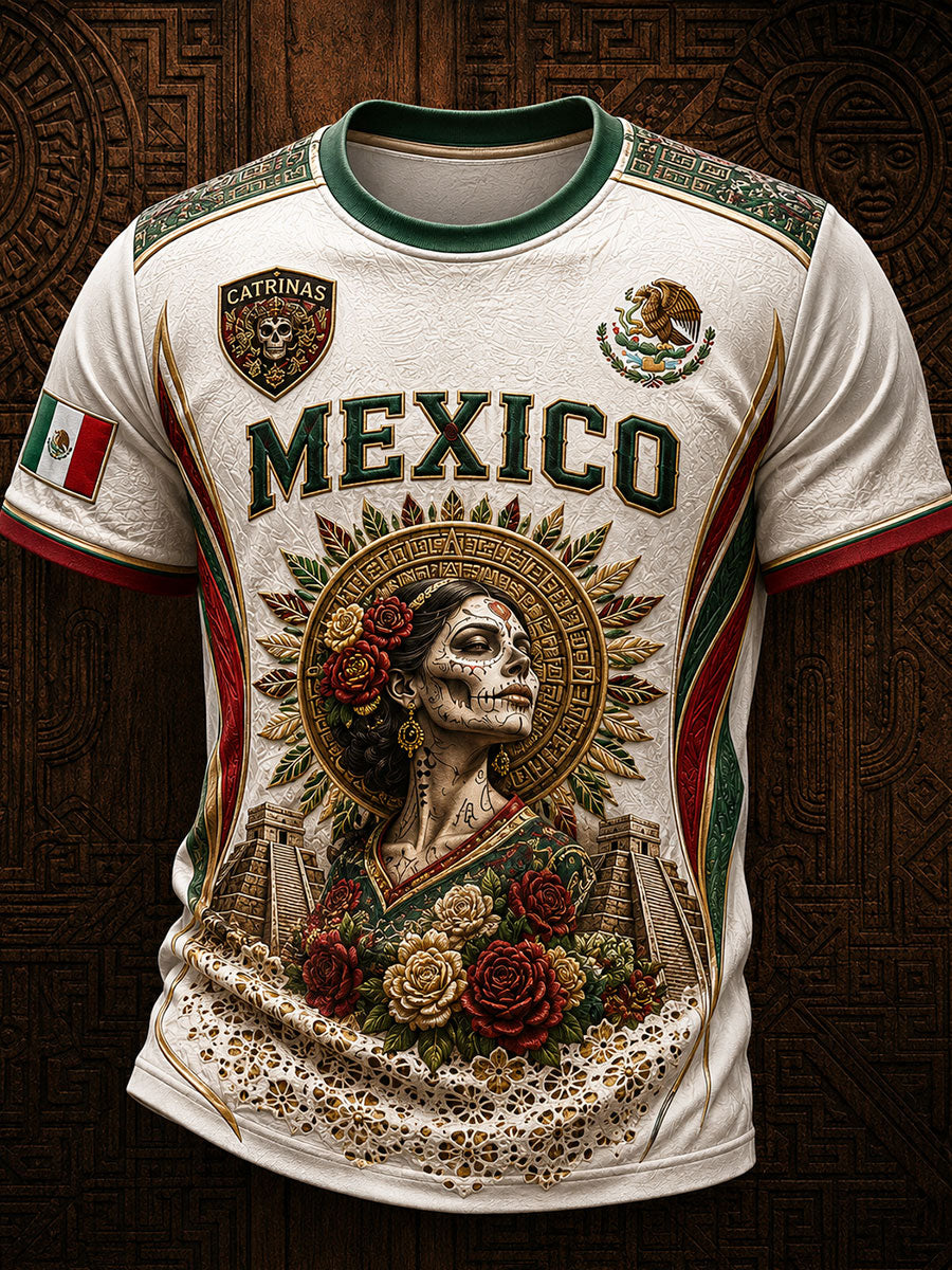 Camiseta estampada con diseño artístico de La Catrina para amantes del fútbol mexicano, modelo masculino
