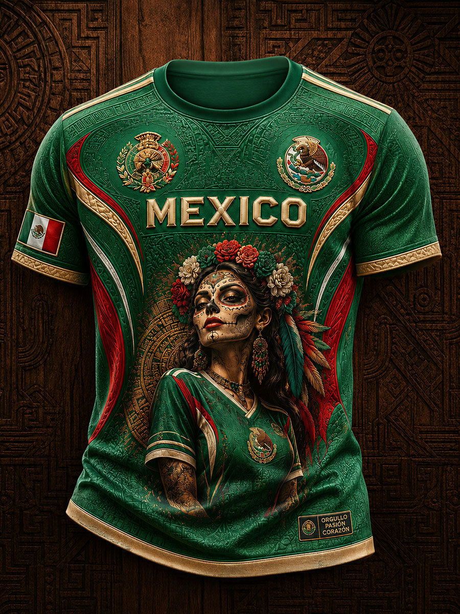 Camiseta estampada con diseño artístico de La Catrina para amantes del fútbol mexicano, modelo masculino