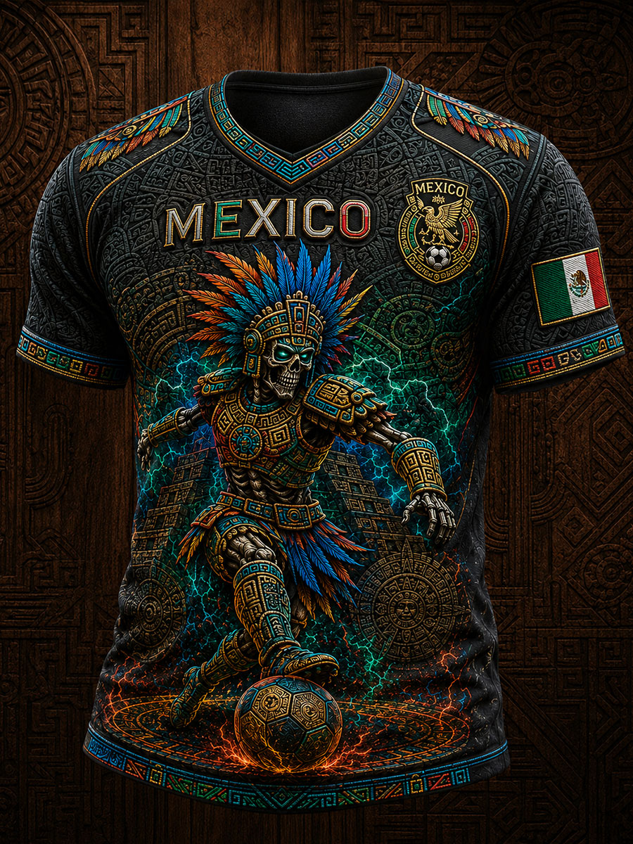 Camiseta de hombre con cuello en V y estampado artístico sobre el amor por el fútbol mexicano