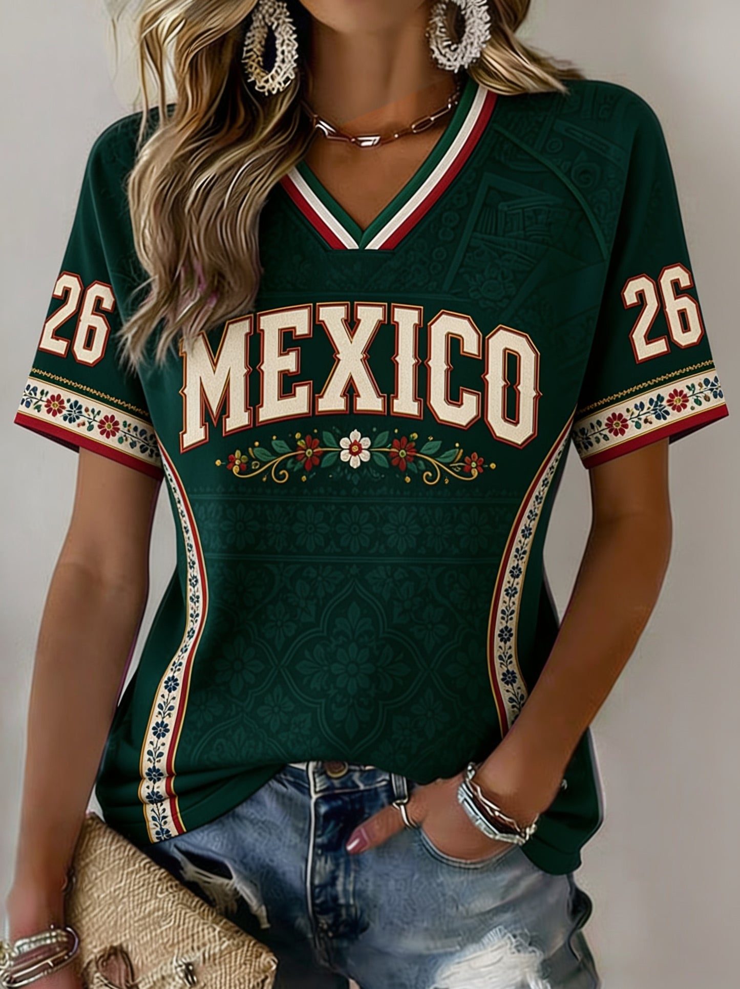 Camiseta de manga corta casual estampada de fútbol mexicano para mujer