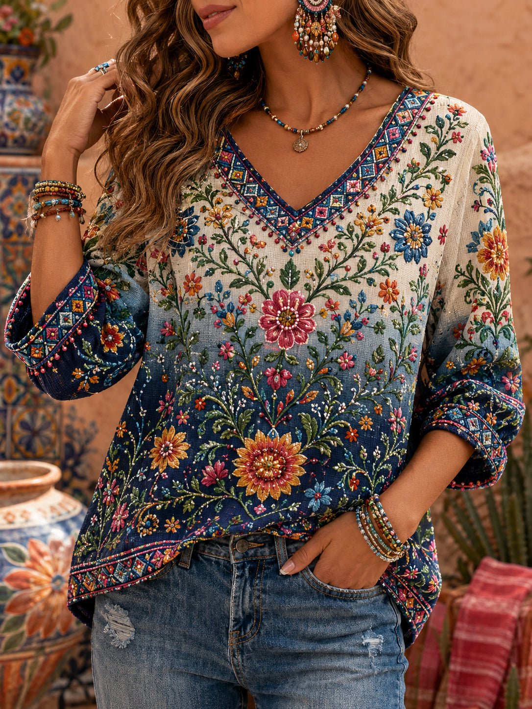 Top con cuello en V y estampado de arte conmemorativo del Festival Galacacha de México para mujer