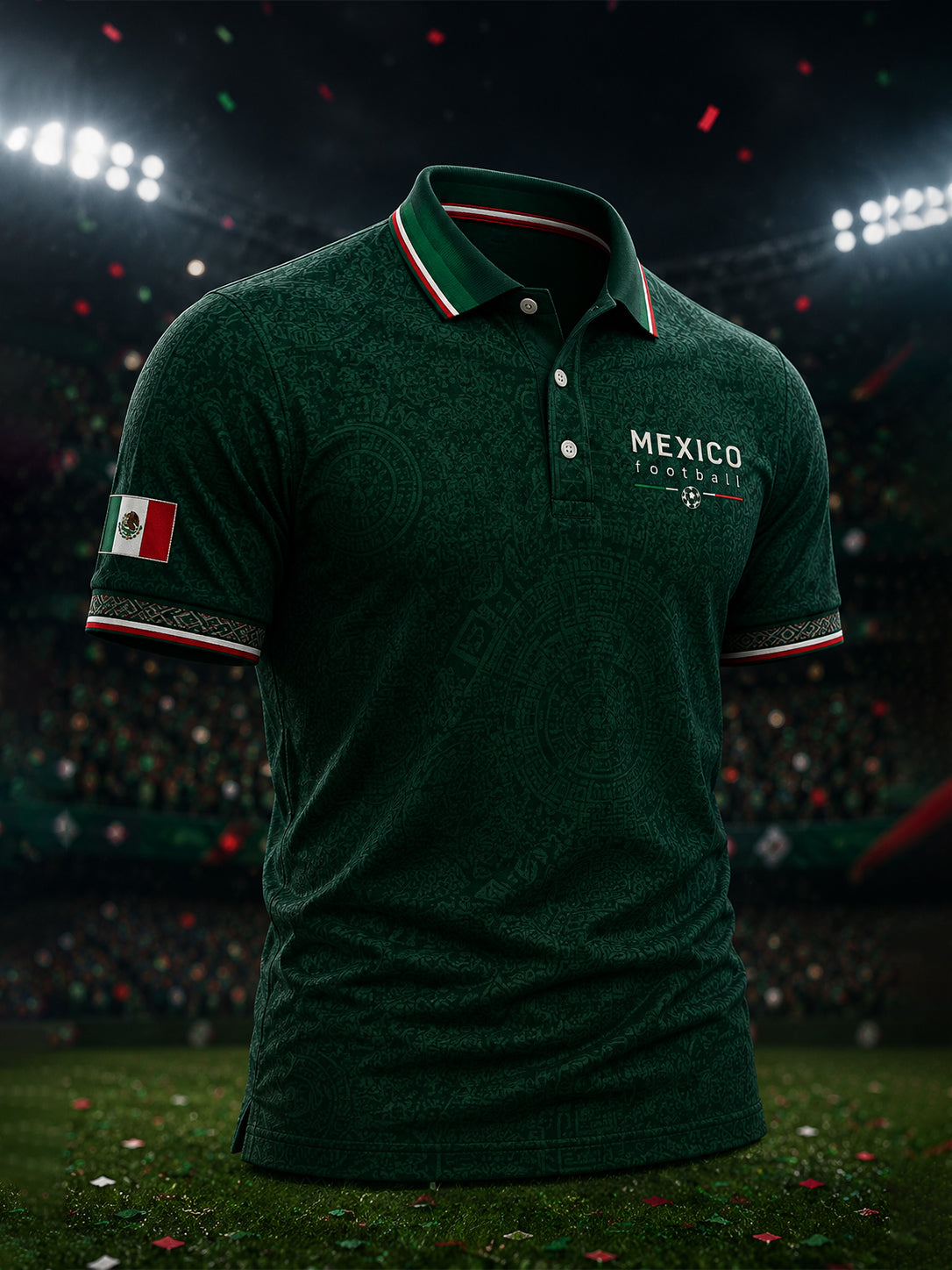 Camiseta polo con estampado artístico de elementos de animación en un partido de fútbol mexicano masculino