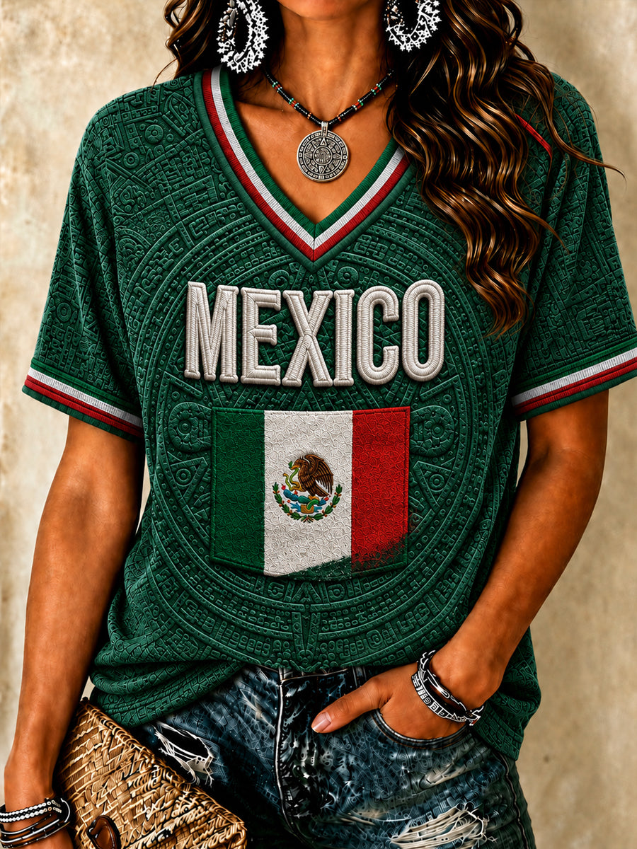 Camiseta de manga corta con cuello en V Mexico Lover Art para mujer