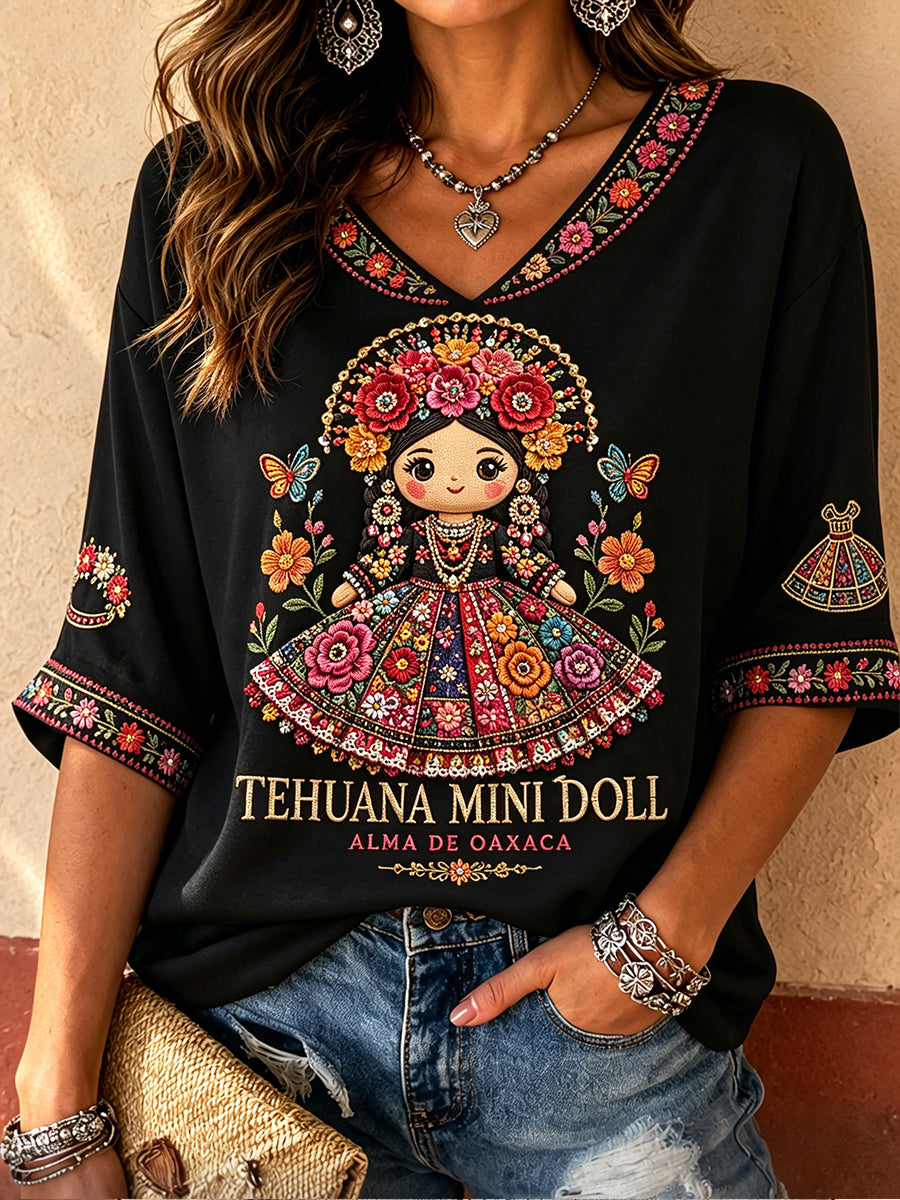 Mujeres México Guelaguetza Lele muñeca arte impreso Casual Tops