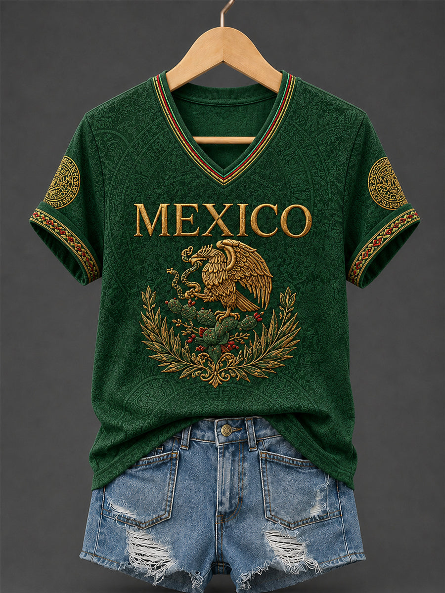 Camiseta con cuello en V estampada Mexican Pride para mujer