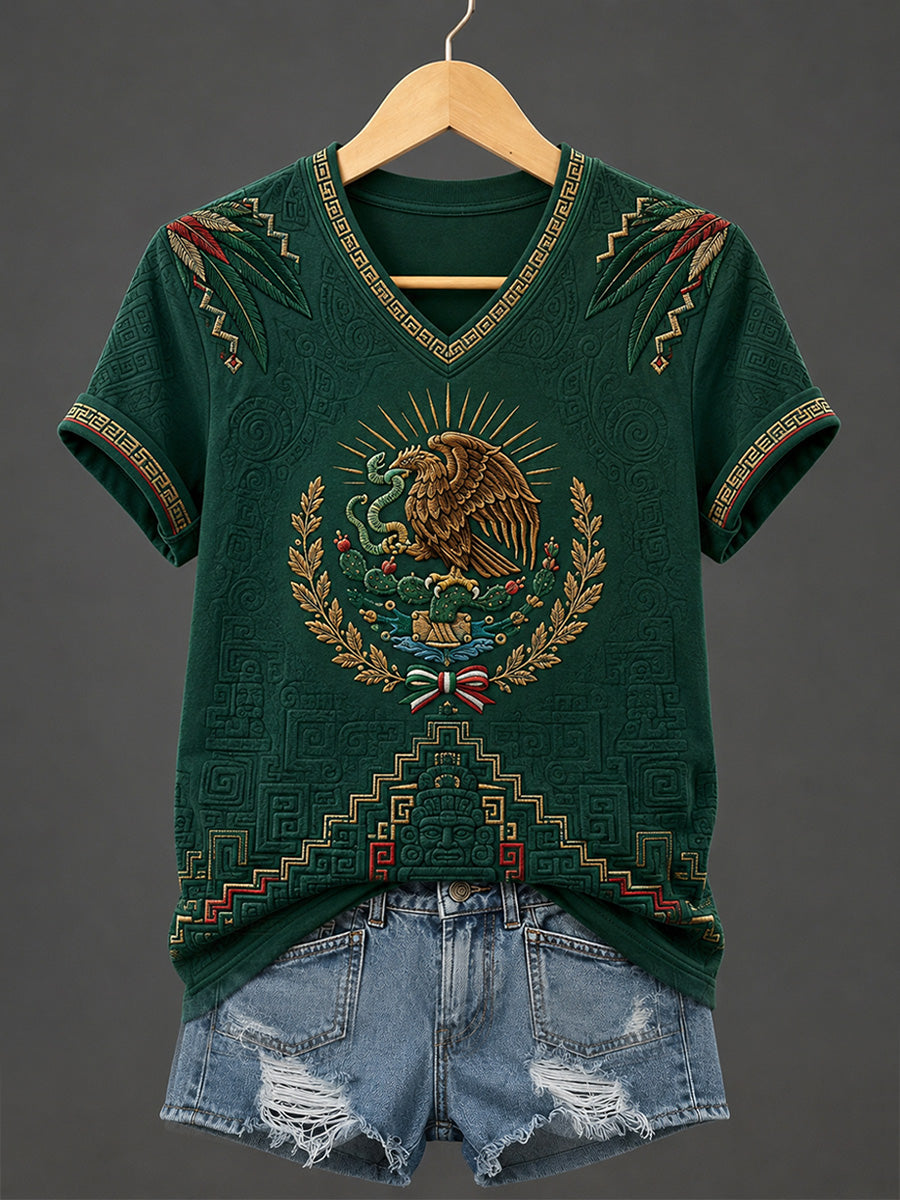 Camiseta casual con cuello en V y estampado de orgullo mexicano para mujer