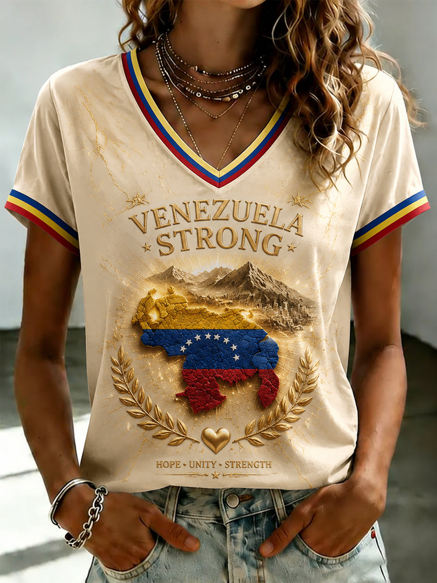Camiseta con cuello en V estampada de VENEZUELA para mujer