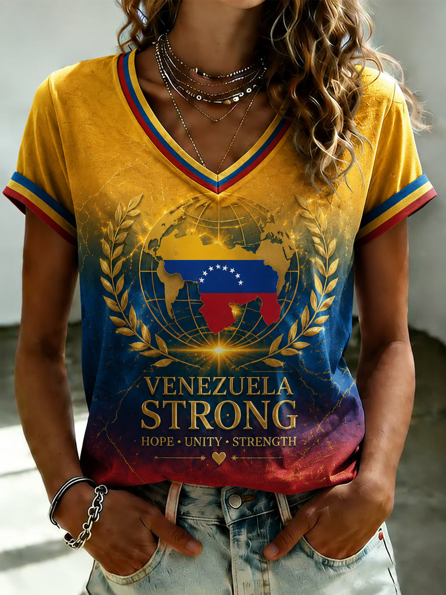 Camiseta con cuello en V estampada de VENEZUELA para mujer