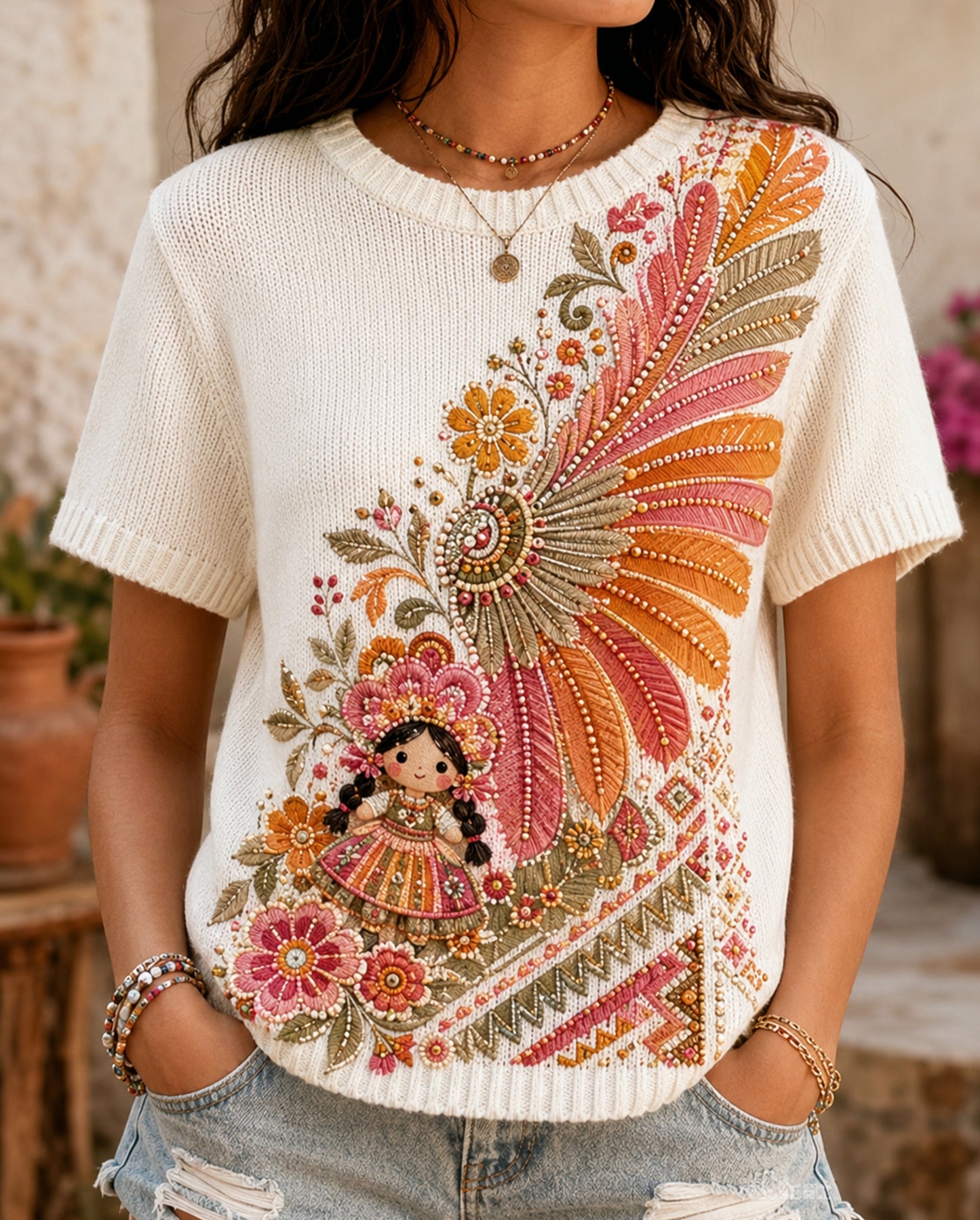 Top con estampado artístico de elementos culturales del Festival Gaycha, Gala Mexicana Femenina