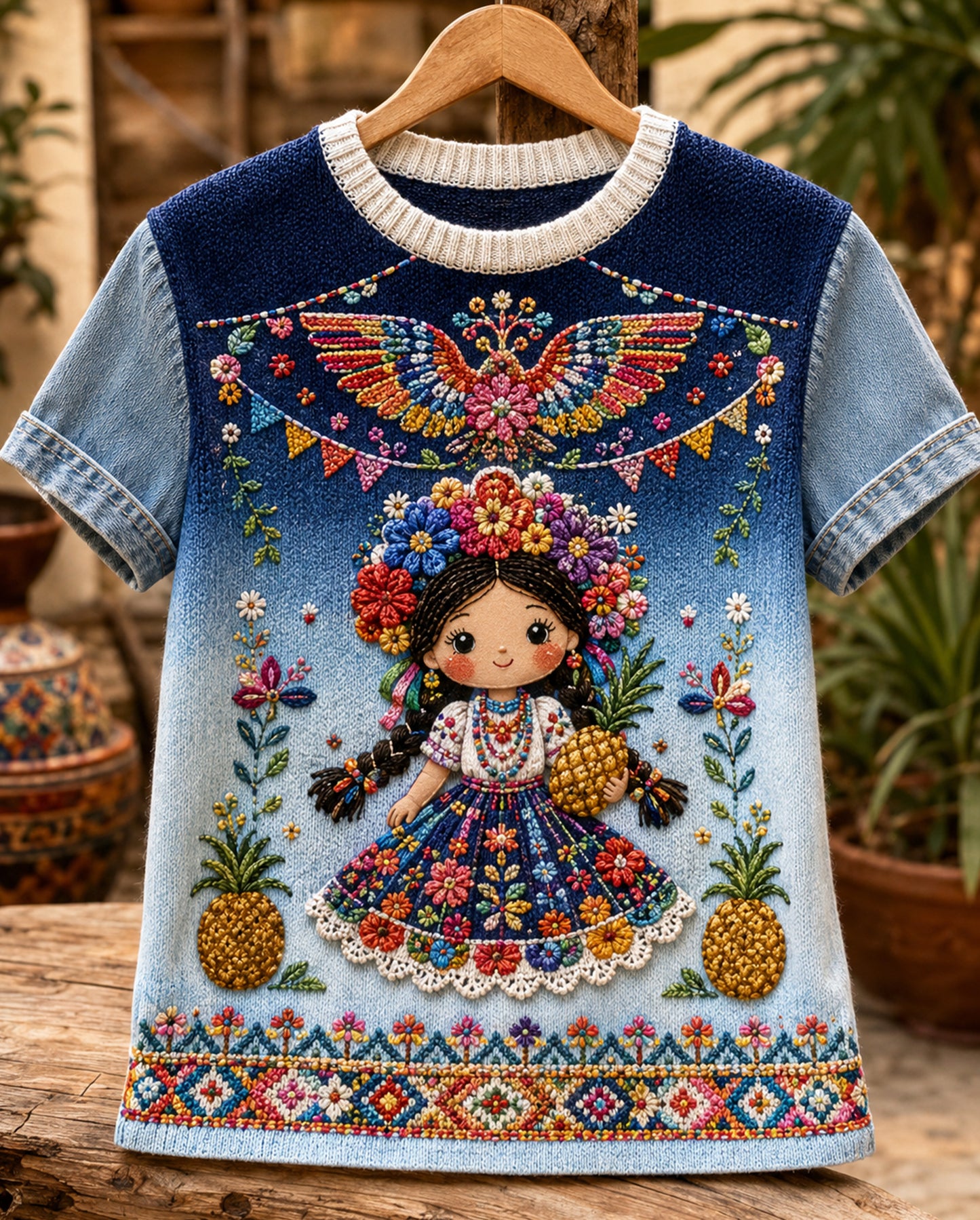 Top con estampado artístico de elementos culturales del Festival Gaycha, Gala Mexicana Femenina